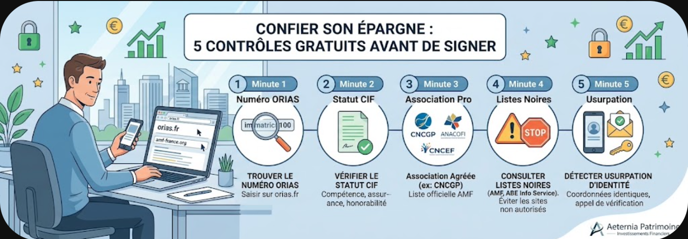 Image illustrative de l'article "Vérifier son conseiller en 5 minutes : ORIAS, statut CIF, CNCGP, listes AMF"